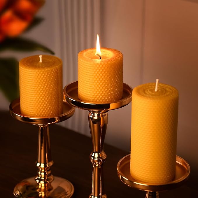 DEYBBY 3×4 in Beeswax Pillar Candle - Handmade Pure Organic Beeswax Honeycomb Rolled Candle for Home Study Decor Housewarming GFT