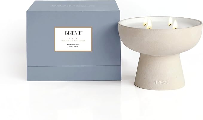Blueme Calm Candle | Osmanthus & Sandalwood | 4 Wick - Refillable Wellness Candle with Essential Oils, Hand Finished & Poured Soy Wax Blend Ceramic Vessel, Natural Cotton Wicks | Large 24 oz