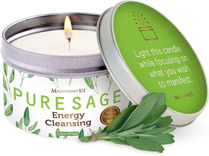 Magnificent 101 Long Lasting Pure White Sage Candle - 6 Oz - 35 Hour Burn Time - Organic, All Natural, Soy Candle to Cleanse Your Home & Calm, Soothe, Use with Sage Smudge Kit - Spiritual