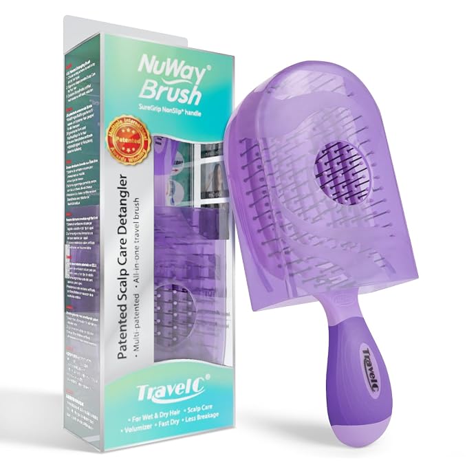 NuWay 4Hair® TravelC® U.S. Patented Single-Curve Scalp Care Travel Brush with Protective Case – Premium Portable Hair Health Tool with Heat-Resistant – Wet & Dry Use (Classic Purple)
