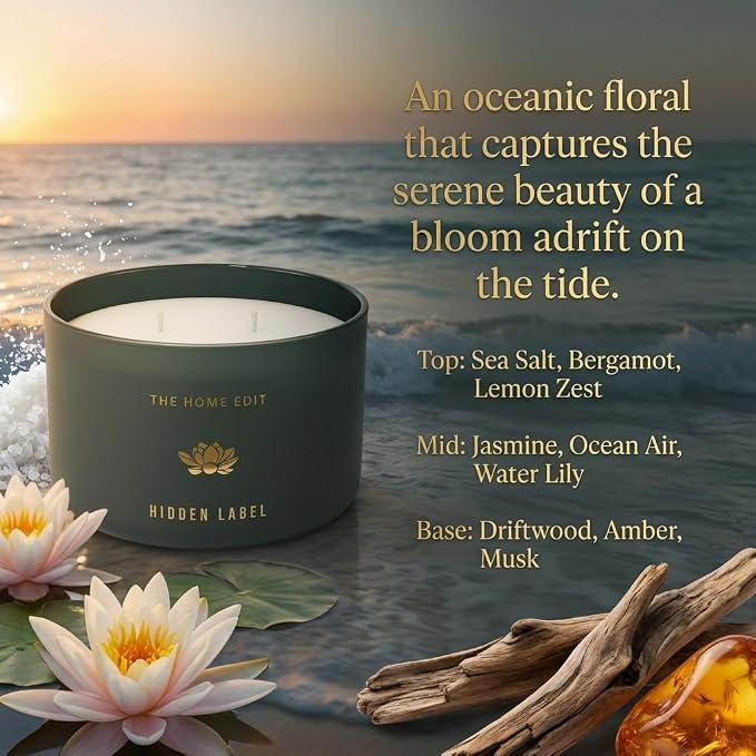 Hidden Label Marine & Flower Soy Candle, 10oz 2-Wick, 45H Coastal Fresh | Ocean Floral Aromatherapy | Non-Toxic Vegan Phthalate-Free | Even Melt No Tunneling | Modern Green Reusable Gift Jar