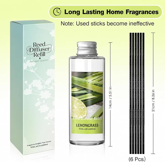 SCENTORINI Reed Diffuser Oil Refill, Lemongrass Diffuser Oil 6.76 Fl Oz, Summer Scented Essential Oil Refill Long Lasting Home Fragrance for Room Spa Aromatherapy Bathroom Hotel Decor, Patio, Outdoor