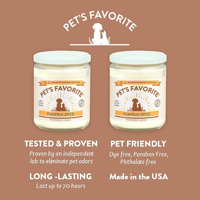 Pet's Favorite Pet Odor Candle, Clean Burning, Long Lasting Candles with a Natural Fiber Wick and 70 Hour Burn Time, Pumpkin Spice Pack of 2