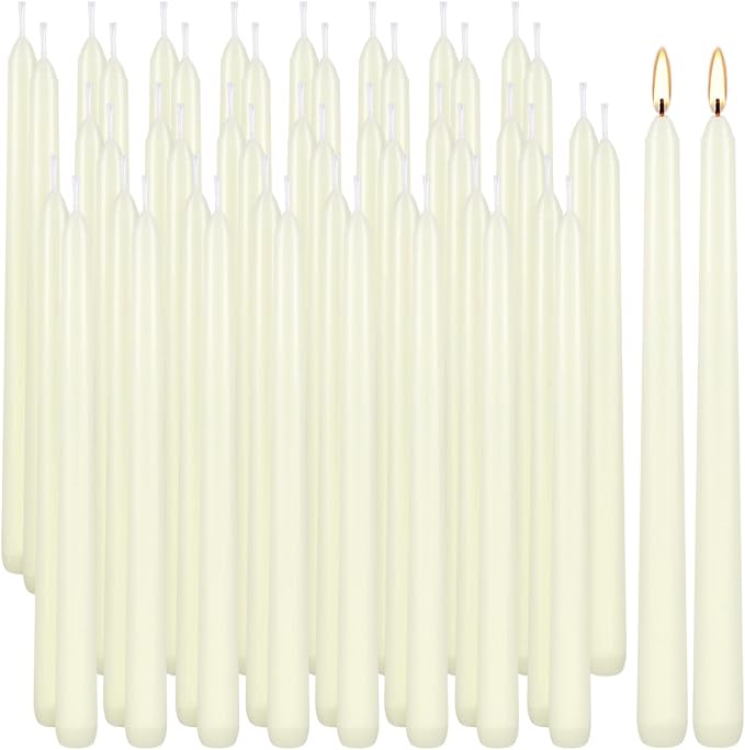 WPONSZU 50 Pack Ivory Taper Candles, 7-8 Hours Burn Time, Unscented, Smokeless and Dripless, 4/5 x 10 Inch for Christmas,Household,Dinner,Wedding,Valentine's Day,Party and Home Décor Candlesticks