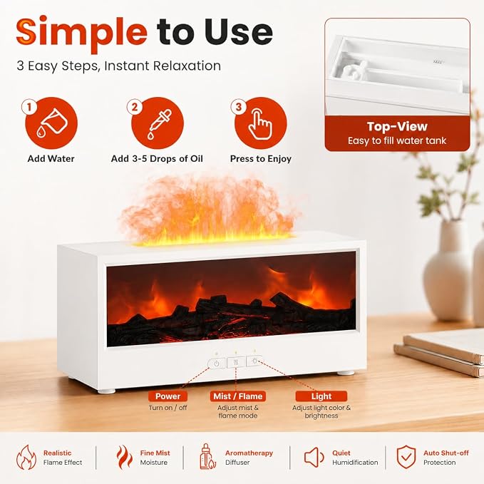 Aegci Fireplace Air Diffuser, Essential Oil Diffuser with 7-Color Flame Light, Ultrasonic Aroma Diffuser & Air Humidifier for Bedroom, Flame Diffuser with Remote Control Timer for Home Office Yoga
