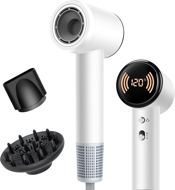 Diffuser Hair Dryer, Ionic Travel Hairdryer with 110000 RPM High-Speed Motor for Fast Drying, 1600W Low Noise&Lightweight Blow Dryer with Concentrator for Women Men, Professional Salon Home (White)