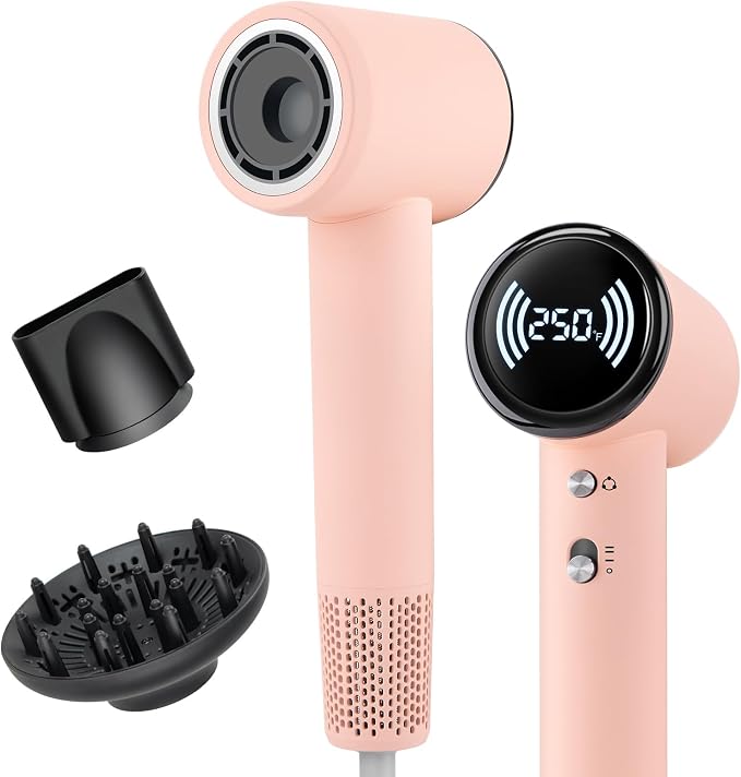 Chignon Hair Dryer with Diffuser, Ionic Travel Hairdryer with 160,000 RPM High-Speed Motor for Fast Drying, 1600W Lightweight Blow Dryer with Concentrator for Women Men, Professional Salon Home, Pink