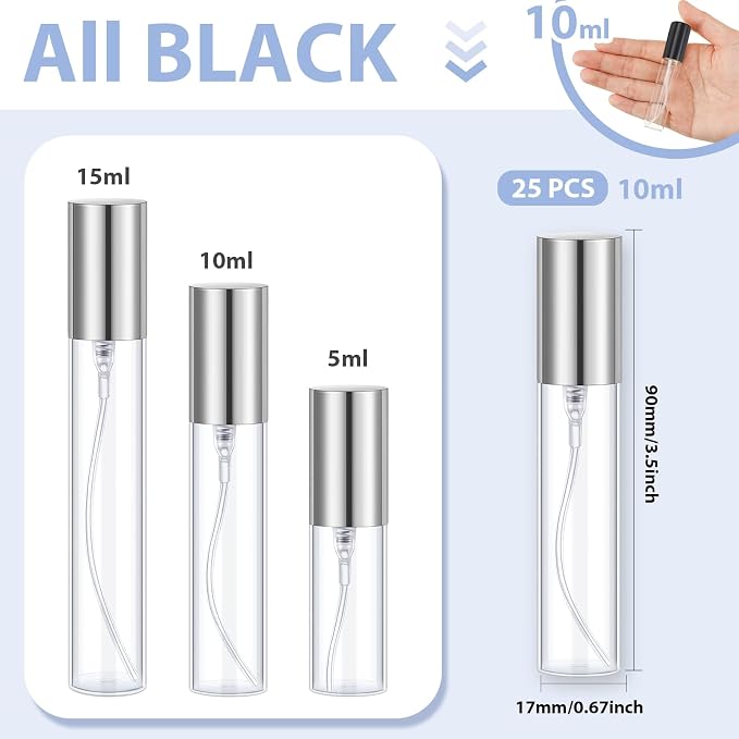 Yinder 25 Pcs 10ml Travel Spray Bottle Refillable Perfume Atomizer Bulk Glass Mini Cologne Perfume Bottles Empty Fine Mist Portable Small Sample Containers(Silver)