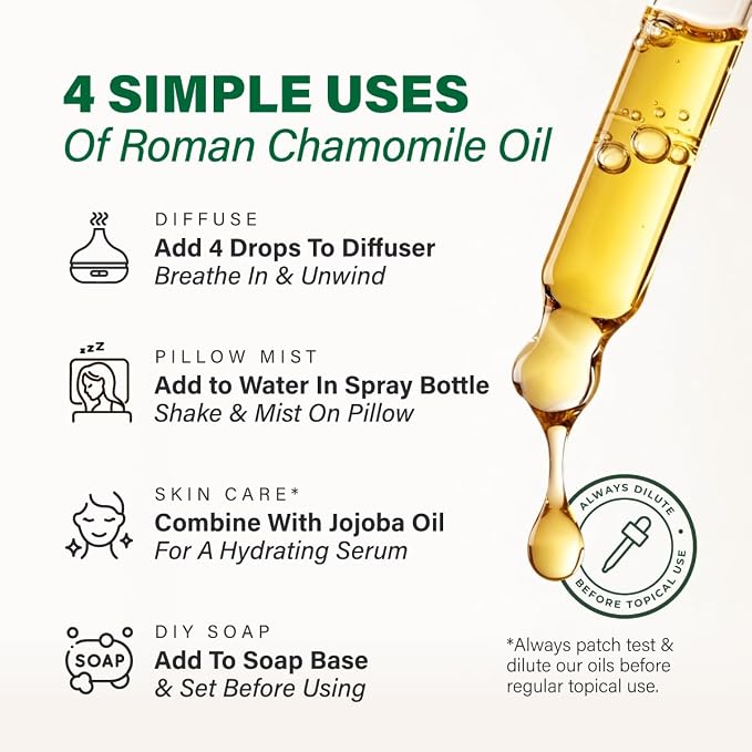 100% Pure Roman Chamomile Oil - 4 Fl Oz Roman Chamomile Essential Oil for Hair, Skin, Diffuser, Aromatherapy & DIY Soap Making Scent