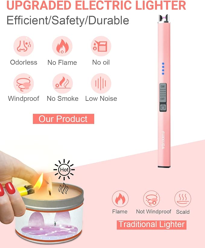 FUKKUDA Electric Candle Lighter with Gift Box - USB Rechargeable Windproof & Flameless Plasma Arc Lighter for Candles, Ocean Box Rose Gold