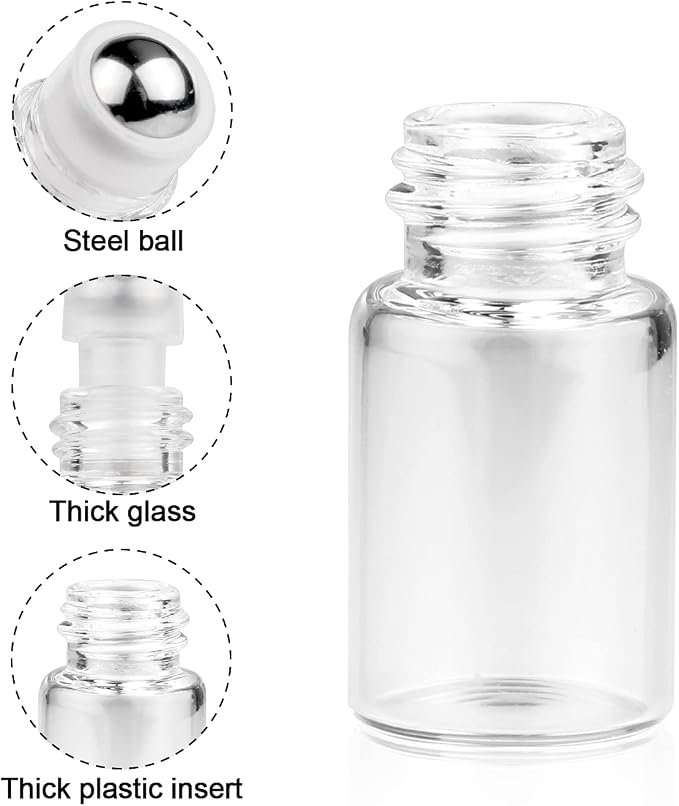 Wresty 25 Pcs Clear Glass Mini Roll On Bottles Empty Essential Oil Roller Ball Bottles Perfume Lip Blam Cosmetic Sample Vials Roller Glass Bottles Container With Black Cap (2ml)