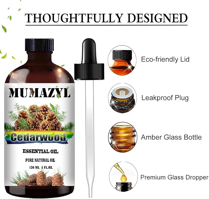 Cedarwood Essential Oil, Cedarwood Oil 4 Fl Oz 120ML for Diffuser Humidifier Yoga Cleaning DIY Candle Soap Making MUMAZYL Essential Oils