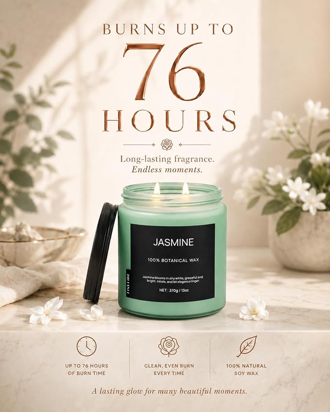 Jasmine Home Scented Candles, 13oz Organic Soy Wax, 76-Hour Clean Burning, Natural Candles Non Toxic, Floral Scent for Relaxation, Aromatherapy Housewarming Candle for Men Women