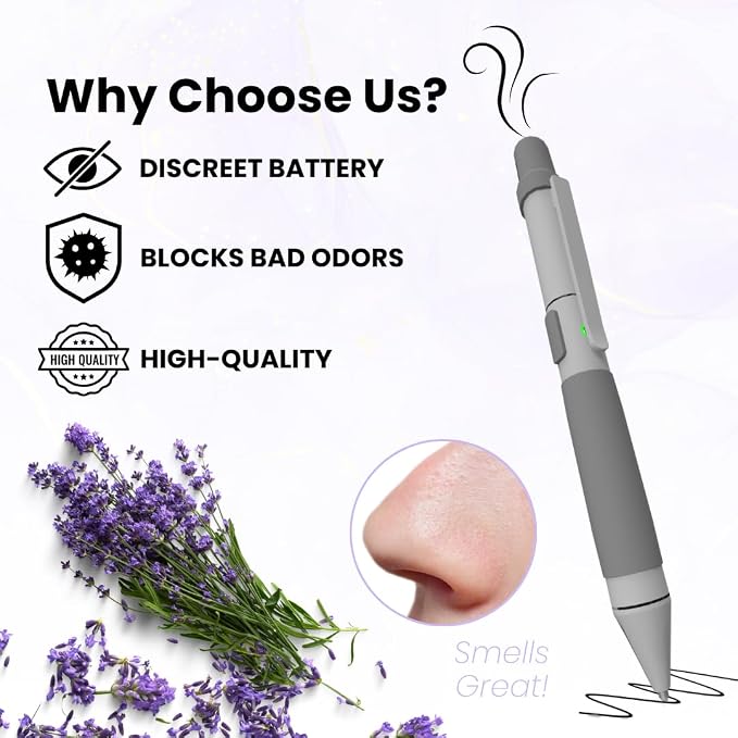 Aromatherapy Writing Pen Battery with Real Ink Tip and Hidden Diffuser Port, Soft Touch Ballpoint for Note Taking, Signature, and On-The-Go Relaxation, Rechargeable Wellness Gift for Office (Silver)