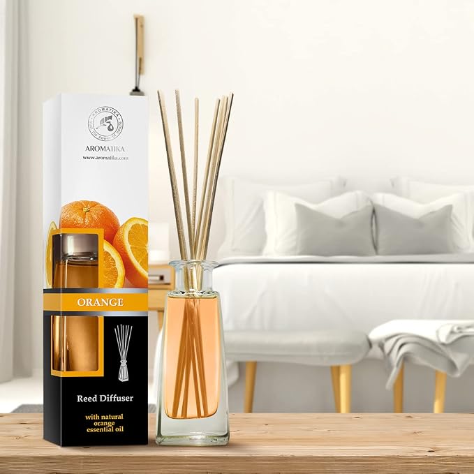 Orange Diffuser w/Orange Oil 3.4 Fl Oz - Fresh Room - Long Lasting Fragrance - Scented Reed Diffuser Orange - Diffuser Gift Set - for Aromatherapy - Home - Orange Essential Oil Diffuser by AROMATIKA