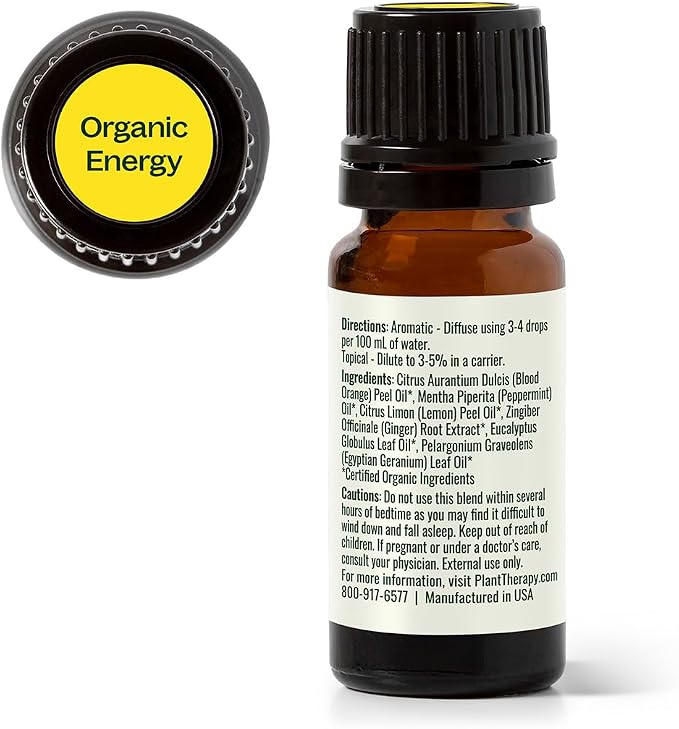 Organic Energy Essential Oil Blend 10 mL (1/3 oz) 100% Pure, Undiluted, USDA Certified Organic, Stimulating Aromatherapy for the Body and Mind