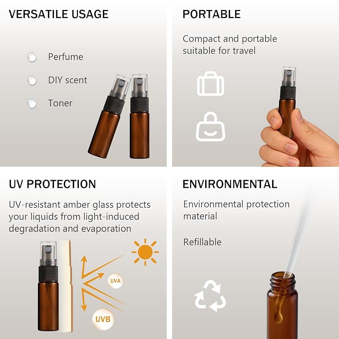 Elfenstall- 20pcs Amber 5ml 1/6oz Atomizer Vial Glass Bottle Spray Refillable Perfume Empty Fine Mist Sample Bottle Clean Cloth Free 3ML Pipette for Travel Party