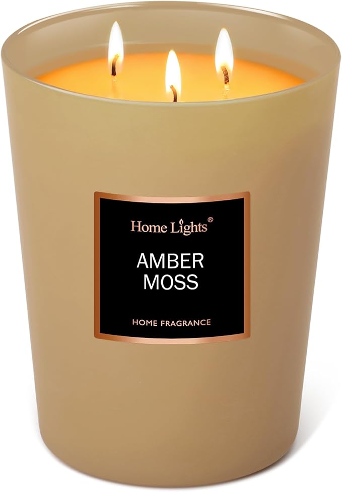 HomeLights Scented Candles - Large Jar Aromatherapy, Natural Soy Wax, 130 Hour Long Burning, Amber Moss