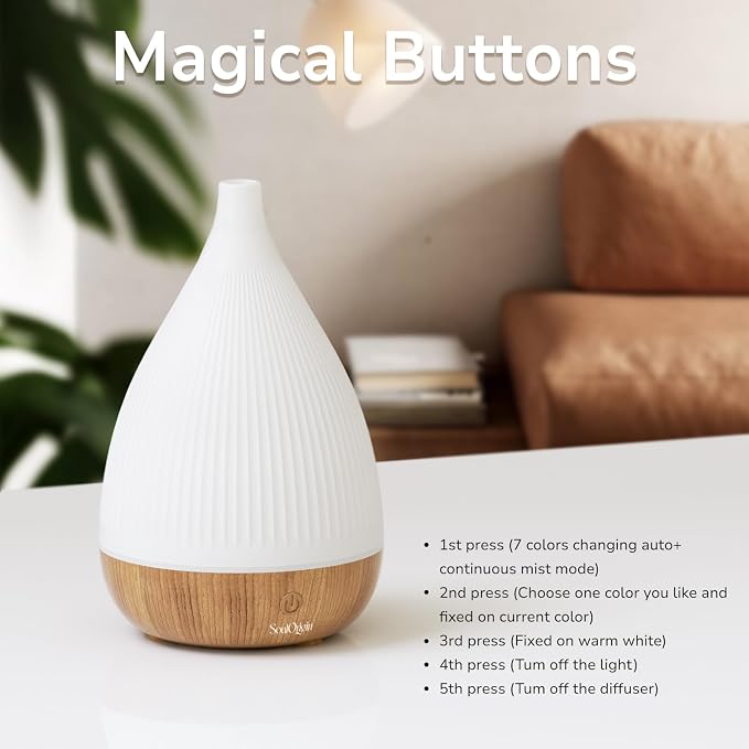 SOULORIGIN Ultrasonic Essential Oil Diffuser, Home Fragrance Aroma Diffuser with Auto Shut-Off, 8-Color Night Light & Ultra-Quiet Operation, BPA-Free Portable Aromatherapy Humidifier for Home (Light)