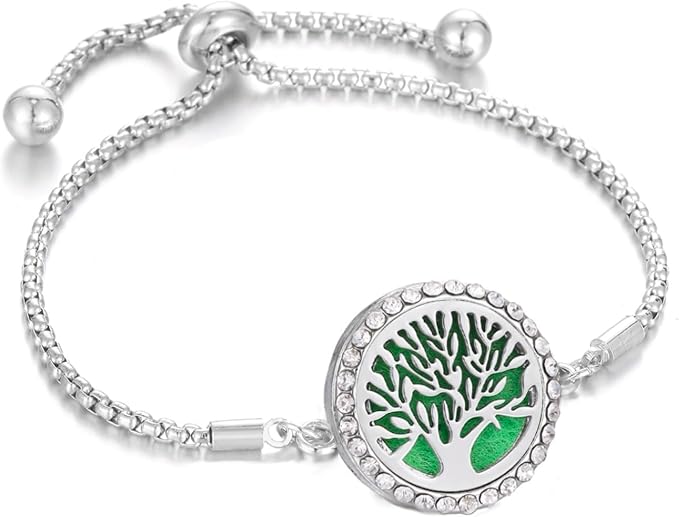 Tree of Life Essential Oil Diffuser Bracelet Stainless Steel Family Tree CZ Aromatherapy Locket Scent Bracelet with 10 Refill Pads
