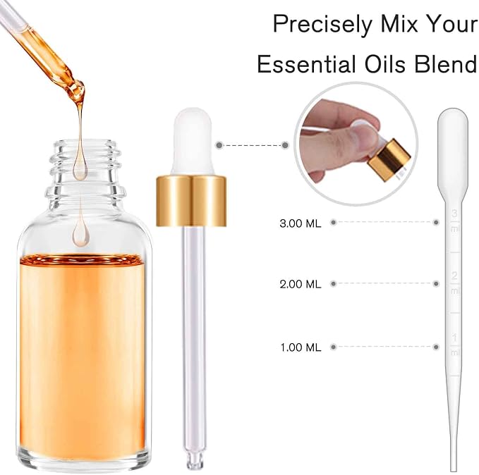PrettyCare Glass Eye Dropper Bottle 2oz (60ml), 24 Pcs Clear Empty Thick Bottles Bulk with Leakproof Golden Caps - With Labels & Funnels for for Storage, Travel,Essential Oils, DIY Serums, Tincture