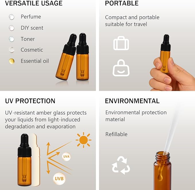 Simple-e 10pcs 5ml 1/6oz Amber Mini Glass Bottle Amber Sample Vial Small Essential Oil Bottle with Glass Eye Dropper + 1pc Glass Clean Cloth + 1pc 3ml dropper (10)