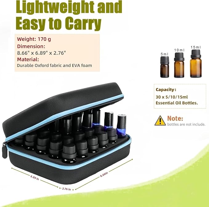 BLIRITEL EVA Essential Oils Organizer, 30 Bottles Hard Shell Essential Oil Storage Carrying Case, Essential Oils Boxes Holds 30 Bottles with 5ml,10ml,15ml (Blue)