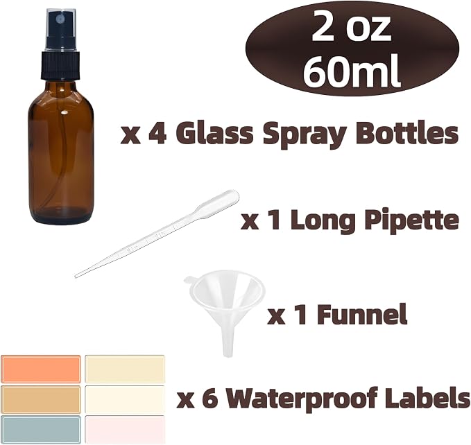 Zkupanx 4 PACK 2 oz Amber Small Glass Spray Bottles, Empty Spray Bottle for Hair, Plants, Perfume - Fine Mist, 2oz Mini Spray Bottle
