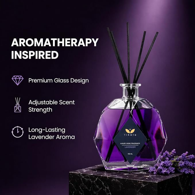 Luxury Reed Diffuser with Lavender Scent – Crystal Glass Bottle – Home Fragrance for Living Room Bathroom & Office – 23.67 fl oz 700 ml