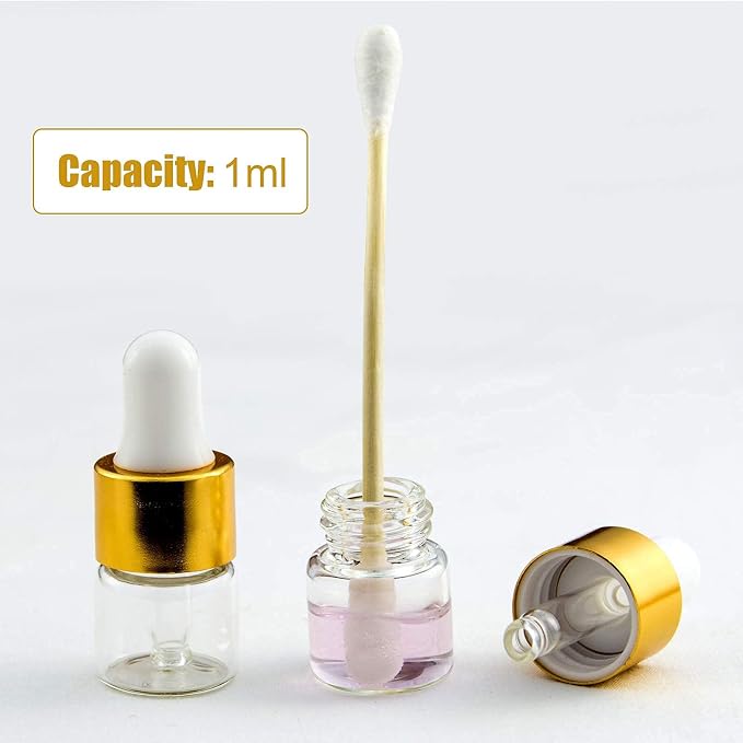 Sample Dropper Bottles, Mini Dropper Bottles with 2 Pcs Plastic Droppers for Traveling Essential Oils DIY Cosmetic Liquid Sample Perfume (Gold, 1ML)