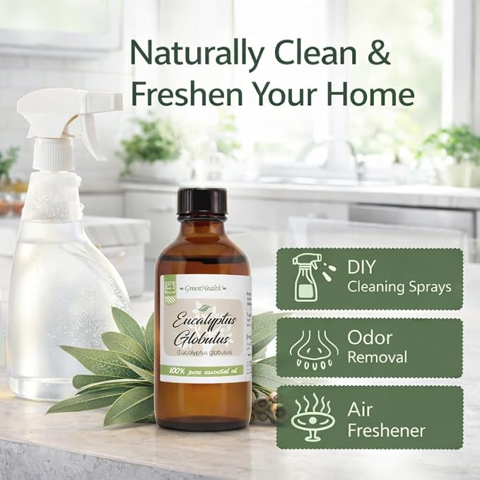 GreenHealth Eucalyptus Essential Oil 4 fl oz – 100% Pure & Natural – Aromatherapy Oil for Diffuser, Air Freshener, Cleaning, Home Fragrance – Therapeutic Grade – Large Value Size