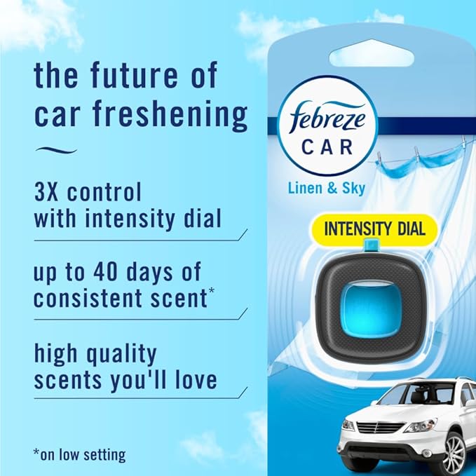 Febreze Car Air Freshener, Odor-Fighting Automotive Vent Clip, Linen & Sky Scent, 3 Count