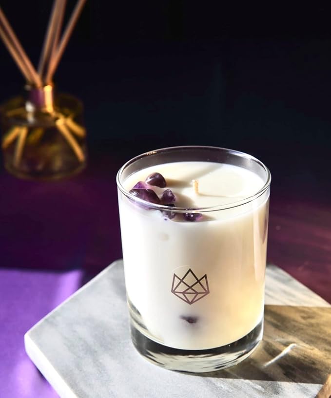 Luxury Glass Jar Candle, 14.5 OZ, Release - Amethyst Healing Crystal Infused - Scents of Lavender, Bergamot, & Frankincense - Relieve, Support, & Transform - Coconut Wax, Essential Oils