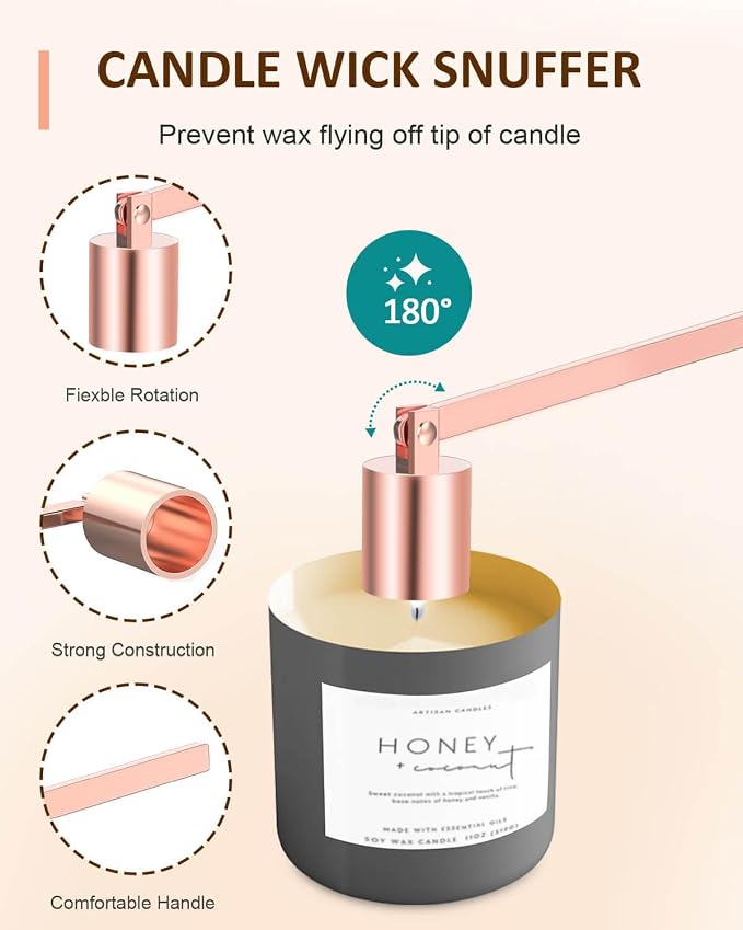 5 in 1 Candle Care Kit, Elegant Candle Wick Trimmer Set, Candle Lighter Set, Candle Snuffer, Candle Tray, Candle Wick Dipper, Candle Accessories Set for Candle Lover (Rose Gold)