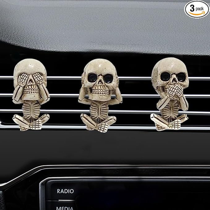 Halloween Skull Car Air Fresheners Vent Clips, Cute Skeleton Car Dashboard Air Vent Trim Clip Accessories, Cool Auto Aroma Diffuser Interior Decoration for Christmas Funny Present (3PCS)