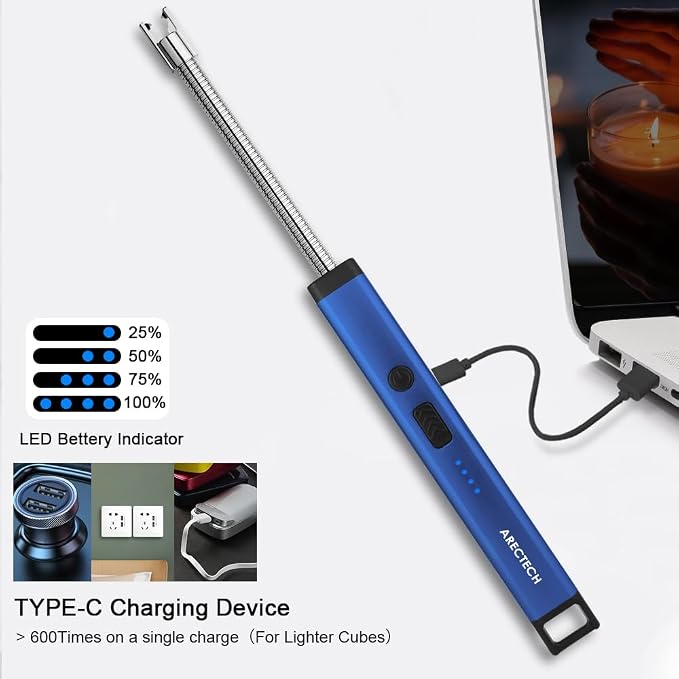 ARECTECH Candle Electric Lighter Rechargeable USB Arc Lighter for Candle Camping Fireworks Christmas Birthday Gifts with LED Light for Men Women Blue