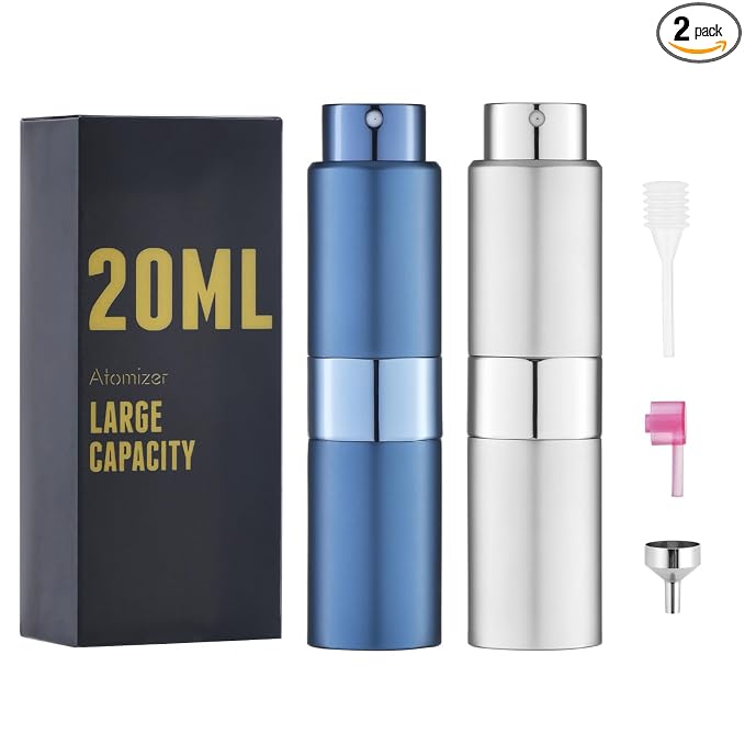 Cologne Travel Bottle 20ml - Large Size Perfume Atomizer Refillable for Men - Pocket Empty Fragrance Sprayer for Refill - 0.67oz Portable Twist Spray Sample Container for Purse Blue & Silver