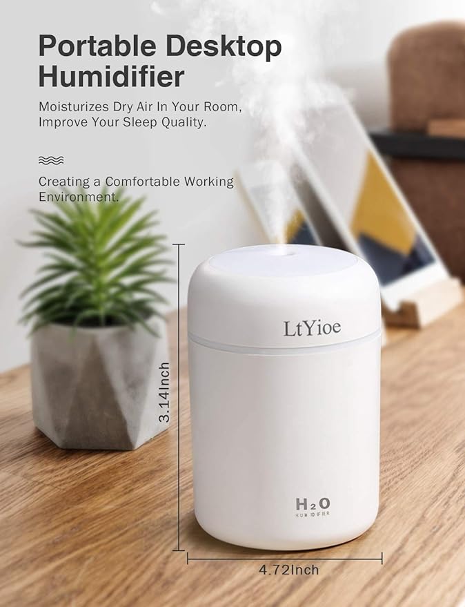 LtYioe Colorful Cool Mini Humidifier, USB Personal Desktop Humidifier for Car, Office Room, Bedroom,etc. Auto Shut-Off, 2 Mist Modes, Super Quiet. (White)