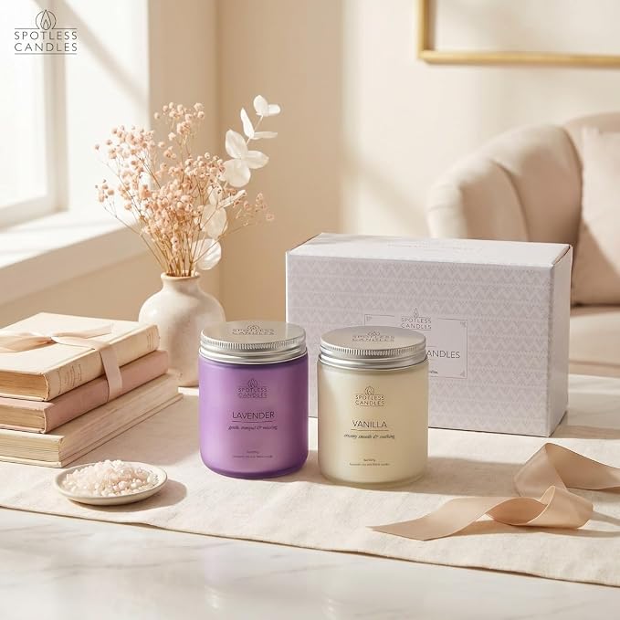 Aromatic Candles Two Pack - 2 x 8 oz Lavender & Vanilla in a Gift Pack, Classic Candle Set for Men and Women by Spotless Leopard