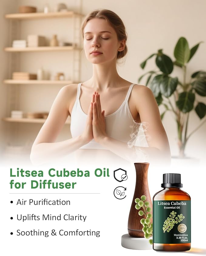 Litsea Cubeba (May Chang) Essential Oil, Pure May Chang Oil Mumianhua Refreshing Lemon-Citrus Scent for Diffuser, Oily Skin & Natural Cleaning, Uplifts Mood & Purifies Air, 3.38 Fl Oz