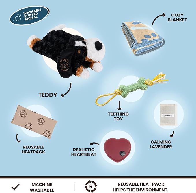 Teddy - Puppy Heartbeat Toy for Anxiety Relief with Reusable Heat Pack and Lavender, Sleep Aid for Dogs, Plush Comfort Toy for All Breads (Teddy Kit)
