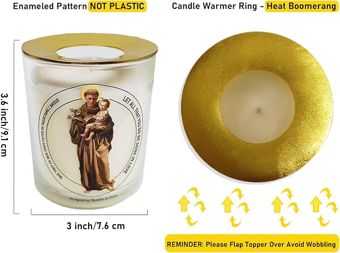 Saint Anthony of Padua Frankincense Sage Scented Candle 50 Hours with Warmer Ring│Hand-Poured Soy Wax│Find Lost Item, Marriage Fertility Exam, Ailment, Protection, Job Miracle│Design in Paris│3“×3.6”