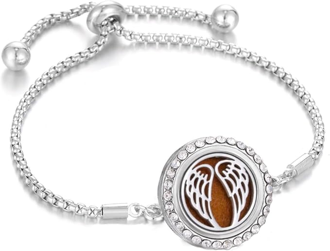 Angel Wing Essential Oil Diffuser Bracelet for Women Stainless Steel CZ Aromatherapy Locket Scent Bracelet with 10 Refill Pads
