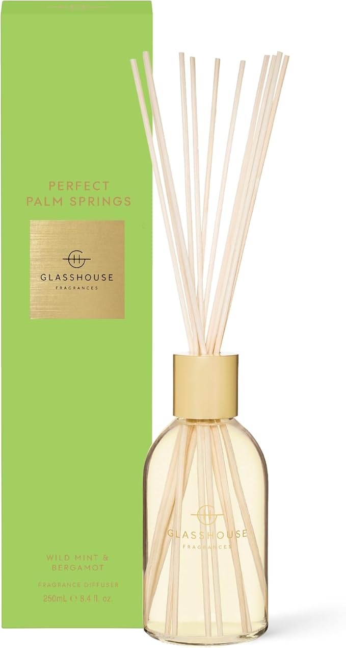 Glasshouse Fragrance Perfect Palm Springs Reed Diffuser, Home Fragrance & Perfume Scented Room DÈcor, Natural & Oil Free, Wild Mint & Bergamot 8.4.fl.oz (250mL)