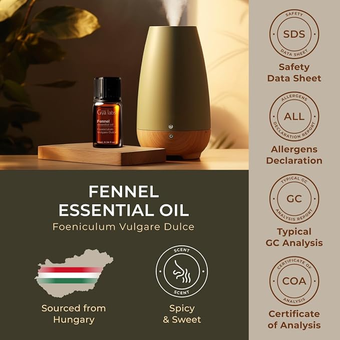 100% Pure Fennel Essential Oil - 0.34 Fl Oz - Fennel Oil for Hair, Skin, Diffuser, Aromatherapy & DIY Candle Making Scent