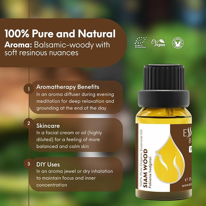 Essences Bulgaria Organic Siam Wood Essential Oil 15ml (0.51 Fl Oz) | Fokienia hodginsii | 100% Pure, Natural, Undiluted | Aromatherapy, Cosmetics | Vegan, Non-GMO, Cruelty-Free