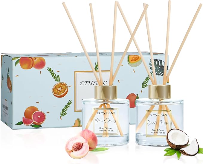 200ml Scent Diffuser with 6 Fiber Sticks, 6.76 oz Reed Diffuser Set Aromatherapy Fragrance Diffusers Air Fresheners for Home Bedroom Bathroom (Coconut Peach)