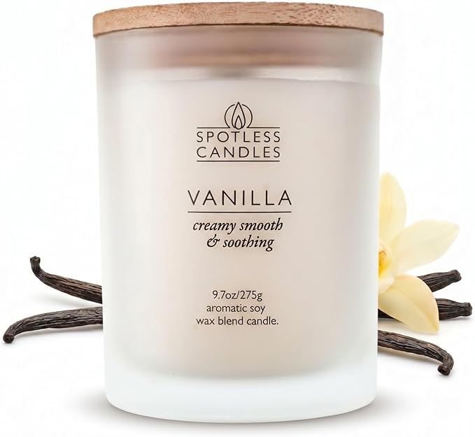 Vanilla Candle; 275g, 55 Hrs Burn Time, Soy Wax White Frosted Jar with Crackling Wooden Wick & Luxury Gift Box: Vanilla Scented Candle by Spotless Candles