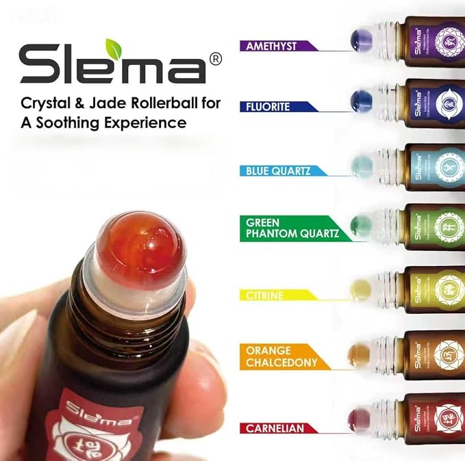 Slema 7 Chakra Essential Oil Roller Gift Set - 7x5ml with Natural Crystal & Jade Rollerballs, Plant-Based Blends for Meditation, Yoga (5mlx7)