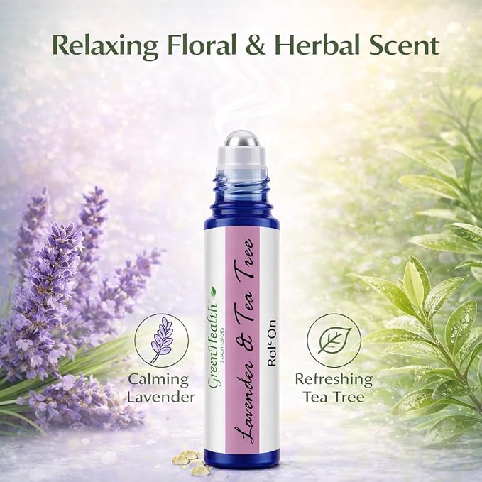 GreenHealth Lavender & Tea Tree Essential Oil Roll On 10 ml – Pre-Diluted Aromatherapy Roller, Ready to Use, Portable Roll-On, Relaxing Lavender & Refreshing Tea Tree Blend for On-the-Go Use